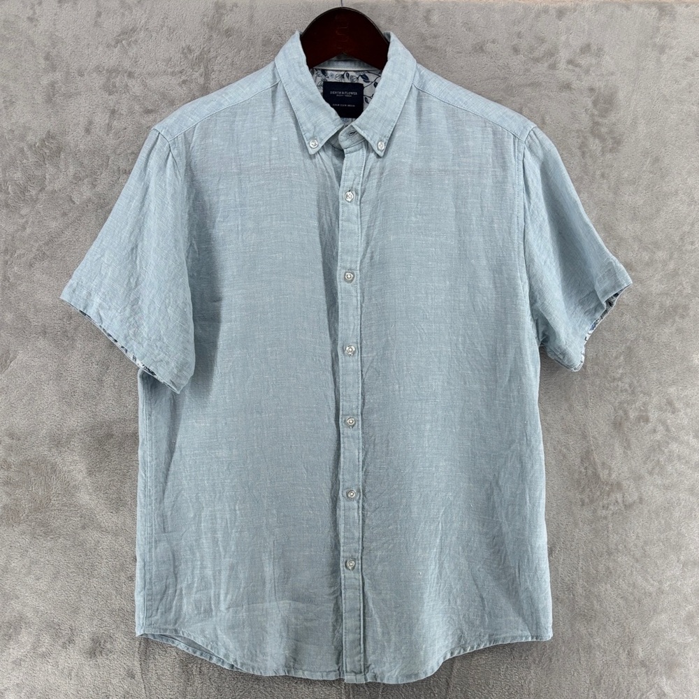Denim & Flower Ricky Singh Light Blue Linen Short-Sleeve Button-Down Shirt Sz M